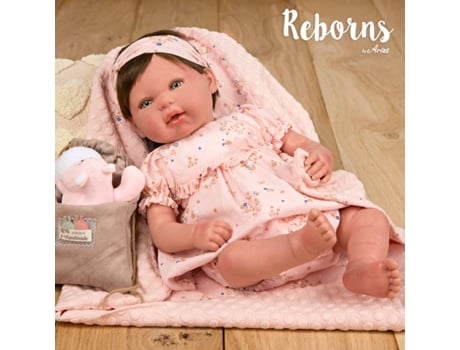 Muñeco ARIAS Arias Reborns 45 cm Esther con Manta, Peluche y Bolsa (Edad Mínima: 3 Años - 58 x 20,5 x 30 cm)