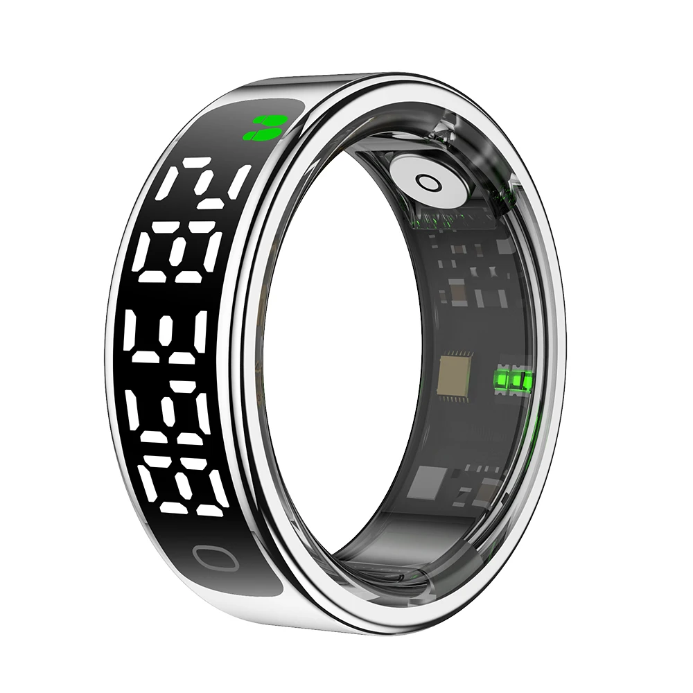 (Talla 13, Plata) Anillo inteligente con pantalla táctil, resistente al agua, monitorización de frecuencia cardíaca y oxigenación.