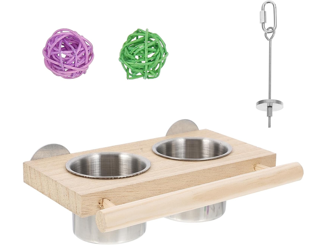 Juego De Comedero Para Loros, Fabricado En Madera Y Acero Inoxidable. Fácil De Limpiar Y Guardar. Apto Para Uso