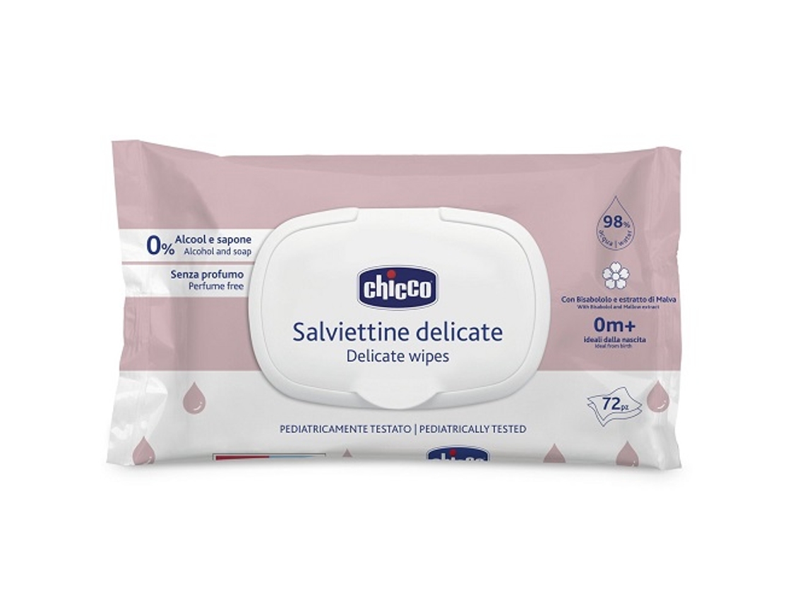 Toallitas húmedas suaves para bebé Chicco con tapa, 72 unidades.