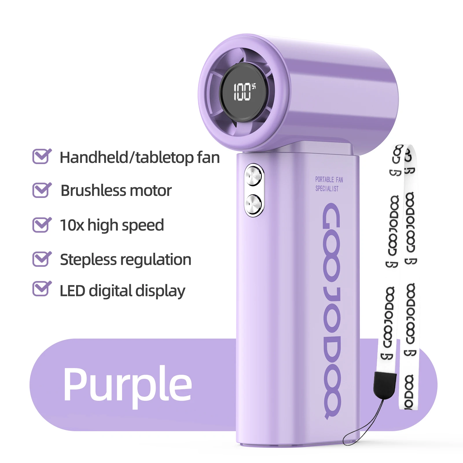 Mini Ventilador De Bolsillo De Alta Velocidad (morado) Con Pantalla Led Y Cordón Portátil, Batería De 4000 Mah.