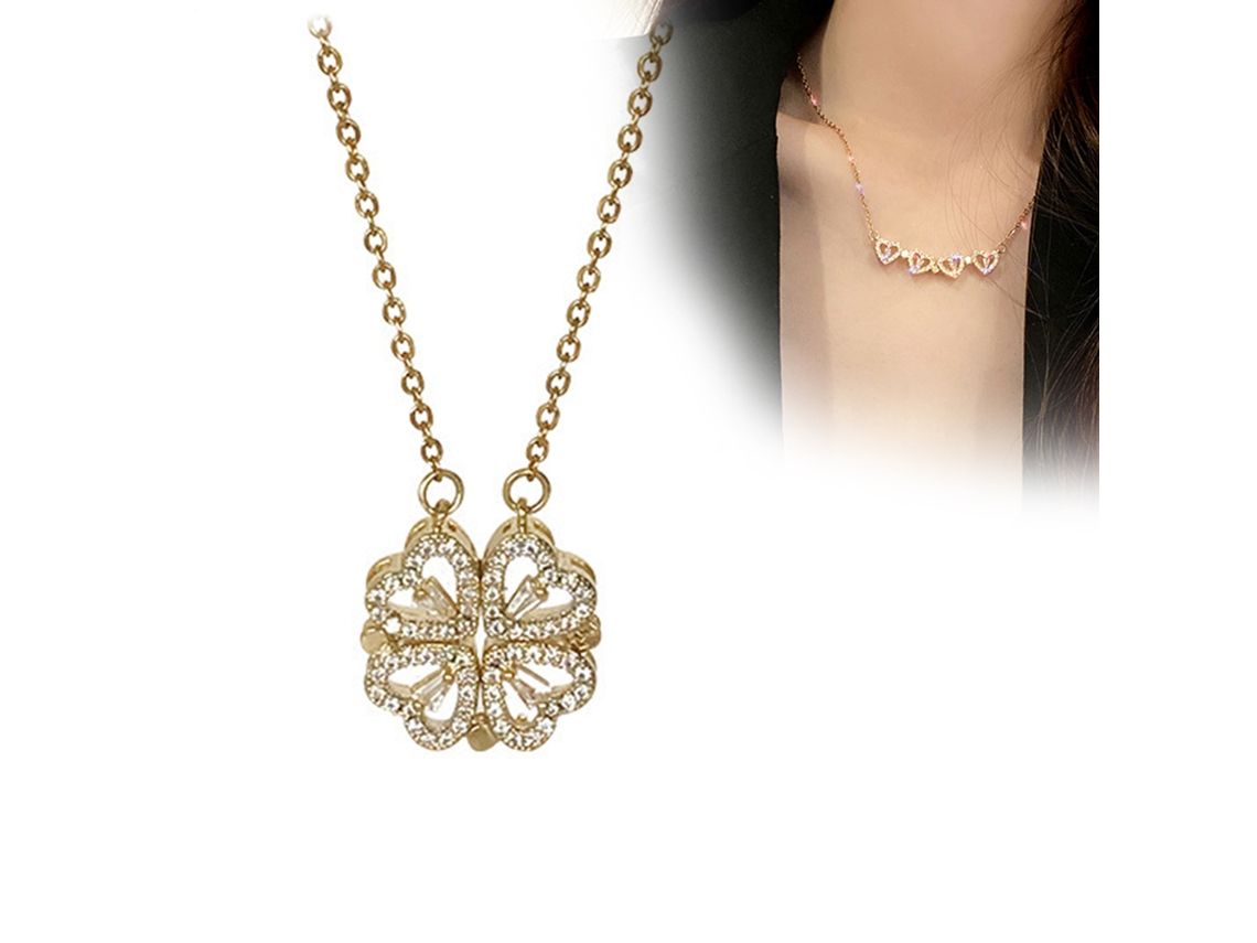 Collar Con Colgante De Corazón, Amor, Plegable, Cuatro Hojas, Hierba De La Suerte, Regalo Para Mujer