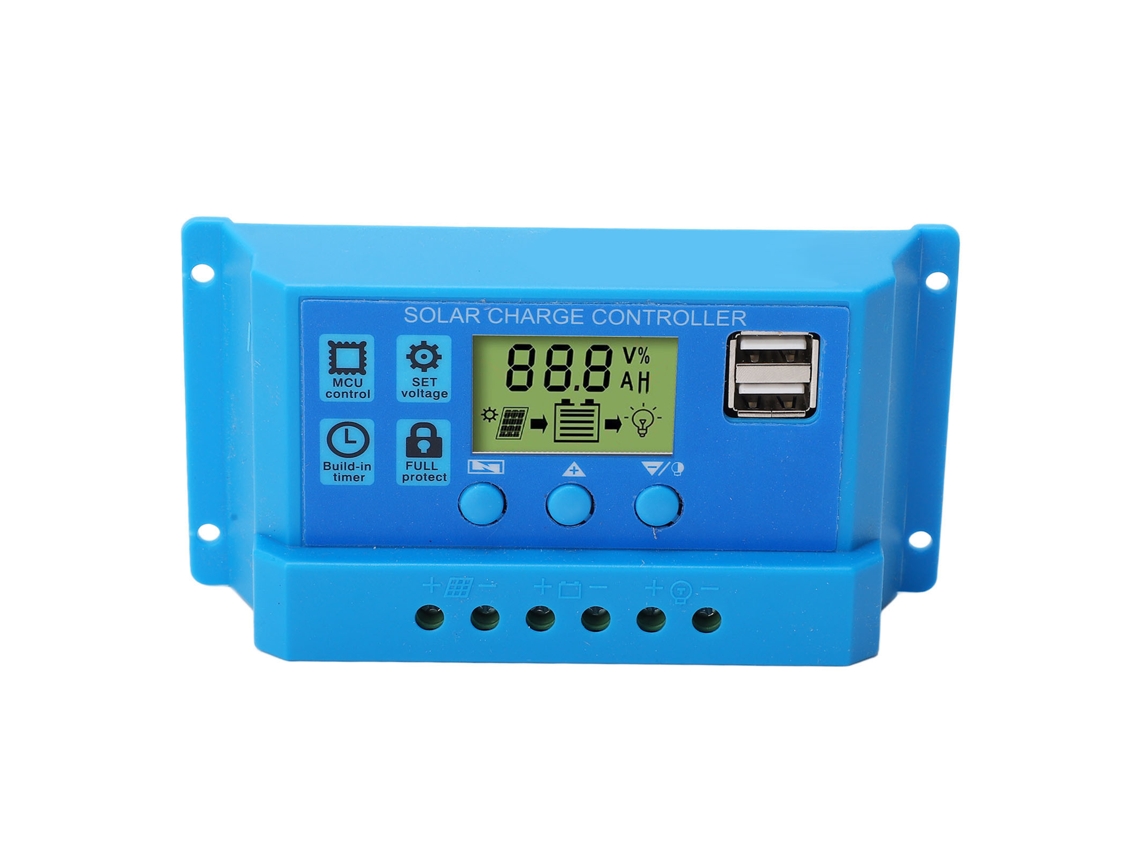 Controlador De Carga Solar Pwm Con Pantalla Lcd Ajustable De 12v/24v, 2 Puertos Usb Y Protecciones.