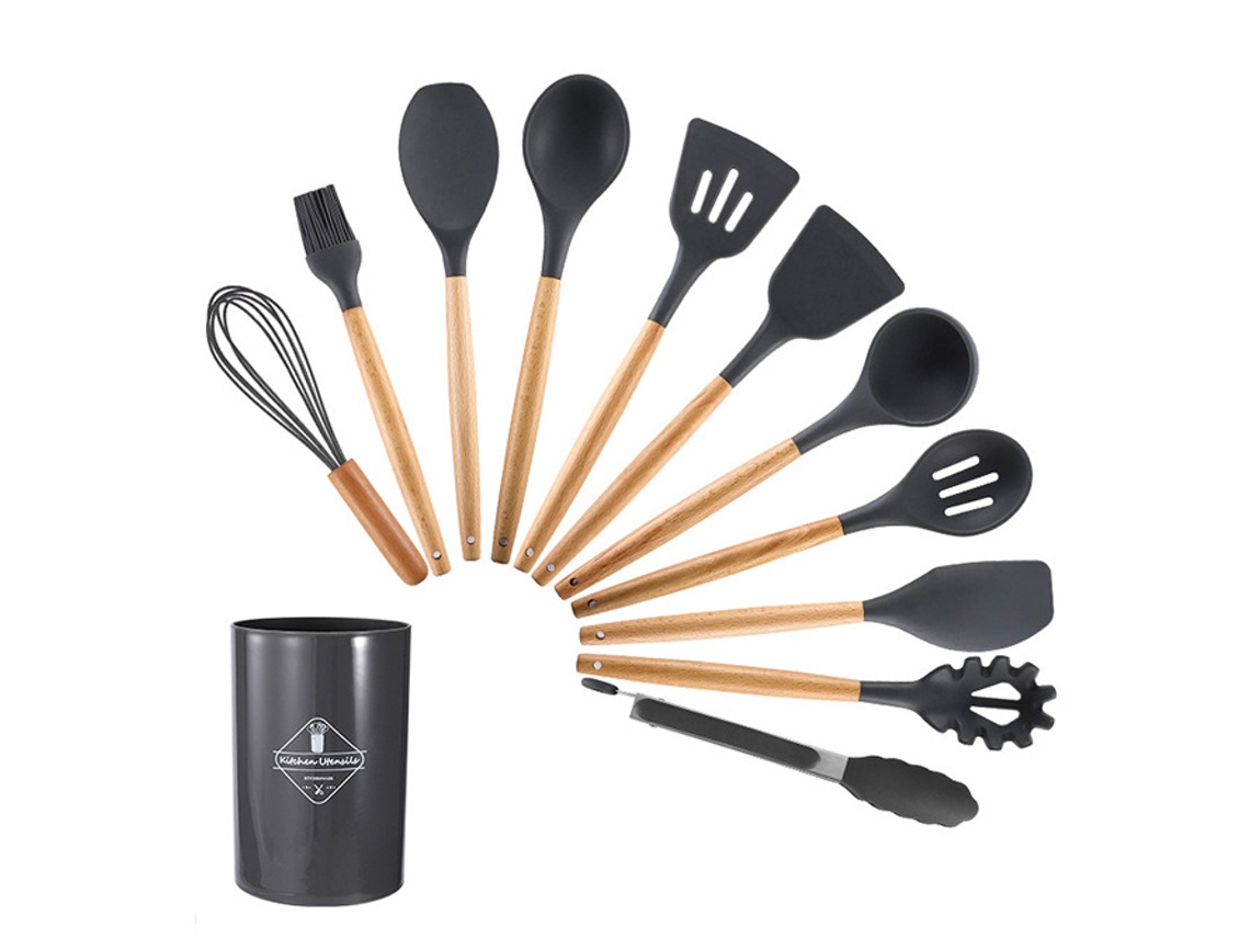 Conjunto de Utensílios de Cozinha 12 Peças Conjunto de Panelas Resistentes Ao Calor de Silicone com Cabo de Madeira-Cinza GERTIZ