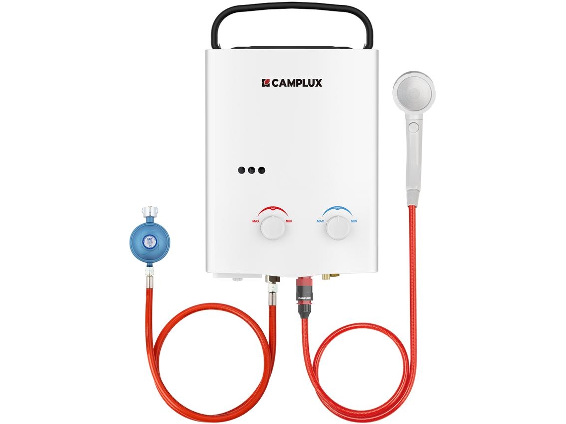 CAMPLUX AY132-DE Calentador de Agua de Gas, 5 L/min, 50mbar, GLP, con Asa Plegable Portátil, para el Viaje, RV, Campamento, Caballos