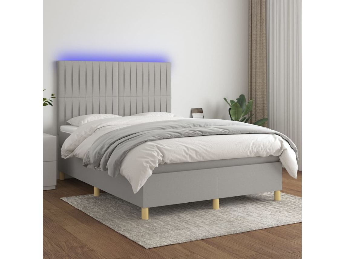 Cama Box Spring Colchón Y Luces Led Tela Gris Claro 140x190 Cm