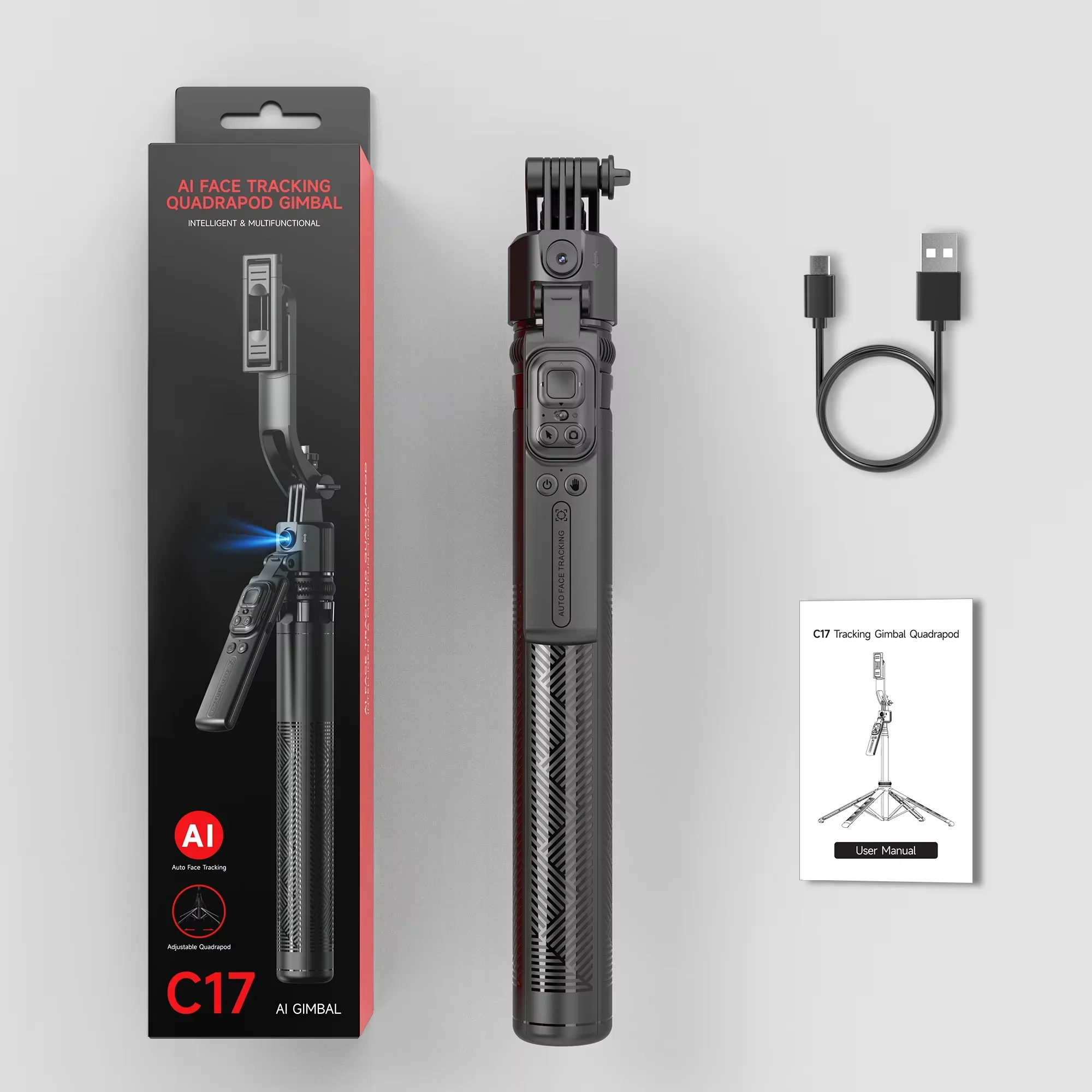 Estabilizador Gimbal para selfies con control inalámbrico, seguimiento facial automático por IA, trípode para teléfono móvil/cámara de acción, C17 negro
