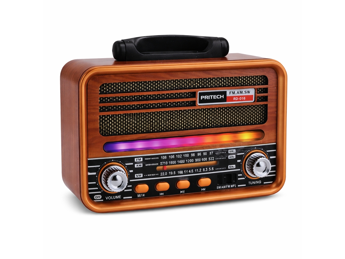 Coluna/rádio Portátil Com Rádio Fm/am/sw (3 Bandas), Bluetooth, Usb/tf E Bateria 18650 Pritech Rd-016 Castanho