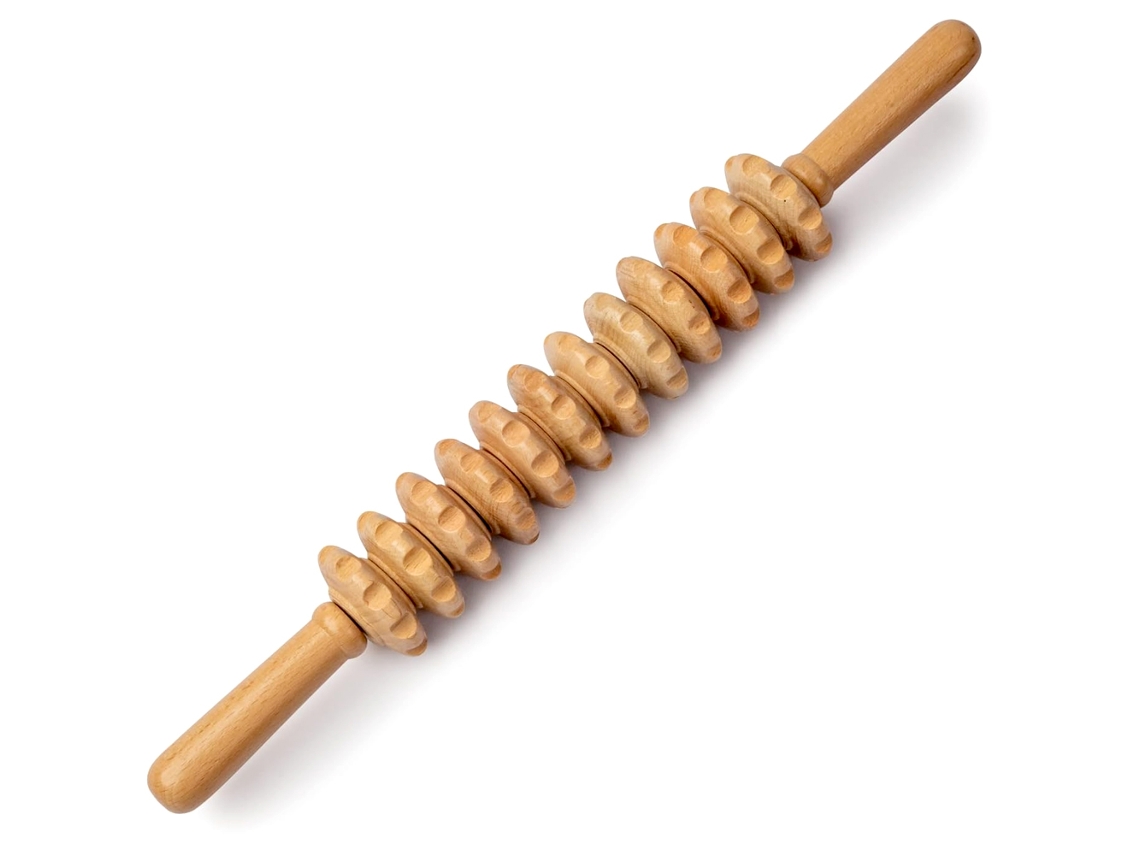 Un rodillo de madera para masaje terapéutico y modelado corporal, que alivia el dolor de espalda y la celulitis abdominal. MDUG