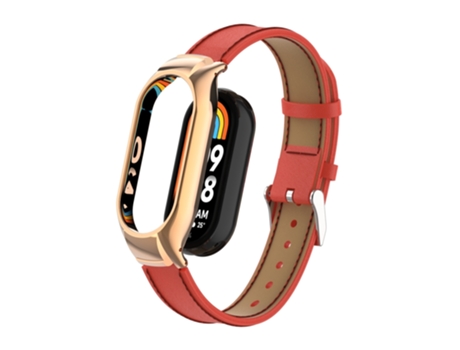 Correa de reloj inteligente para Xiaomi Mi Band 8 Caja de metal integrada + Cuero con costuras de microfibra (Rojo)