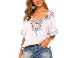 2026-blusa Étnica De Manga Corta Con Bordados De Plumas Y Flores Estilo Bohemio Para Mujer