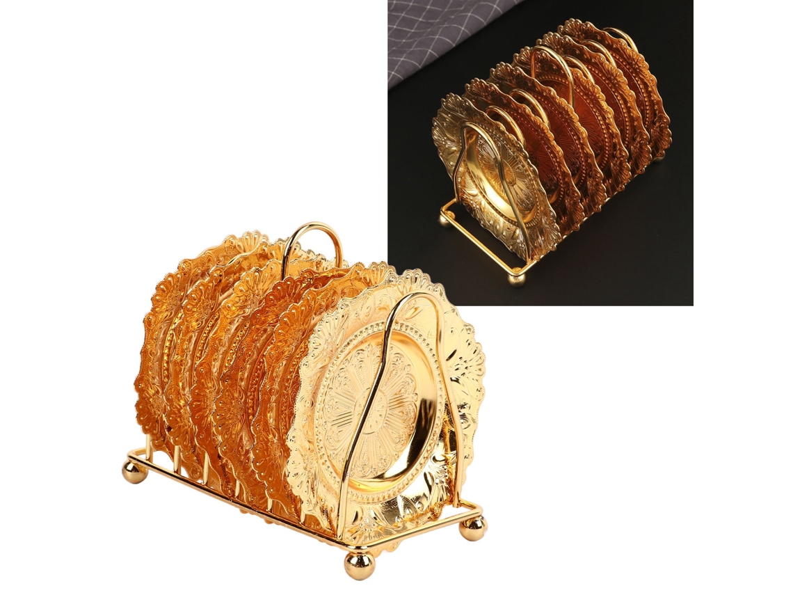 Conjunto de 7 Suportes para Copo de Metal Brilhante com Suporte Padrão de Pavão Estilo Europeu