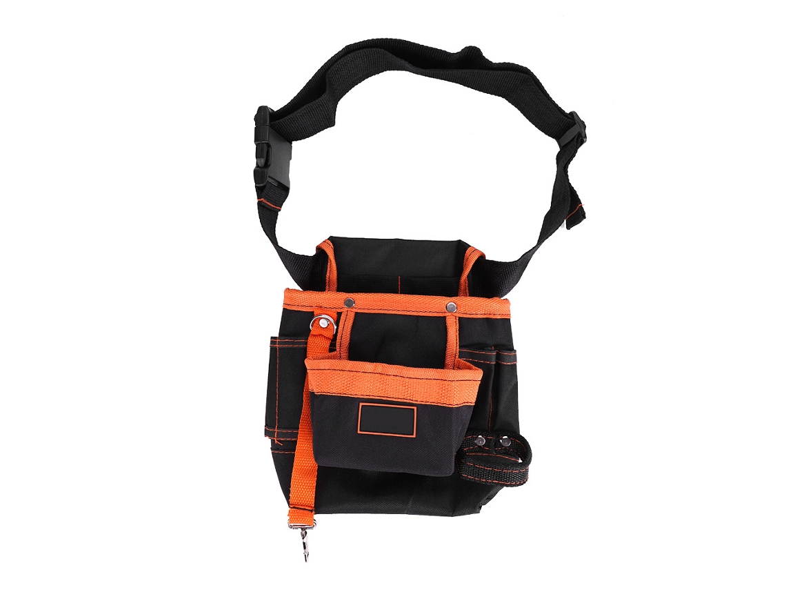 Bolsa De Herramientas Ajustable Para Cinturón Con 8 Bolsillos Para Electricistas Portátiles, Color Negro Con Ribete Naranja.