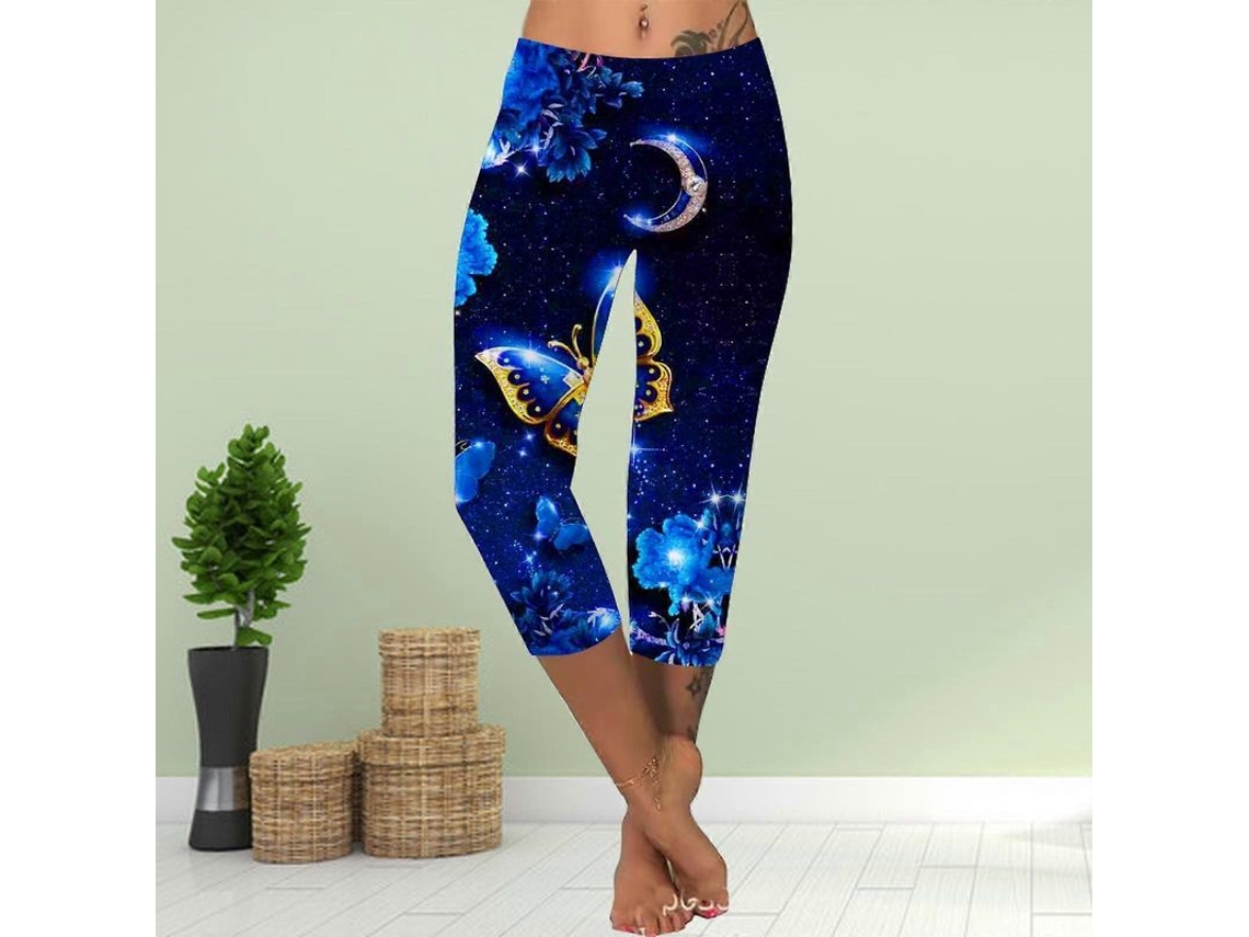 Leggings Cortos De Verano Para Mujer De Talla Grande Con Estampado De Mariposa Y Luna En 3d, Corte Ajustado.