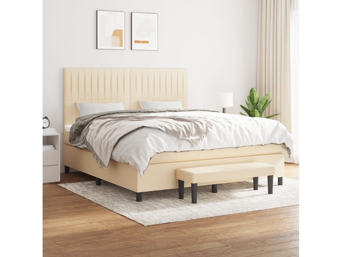 Cama Box Spring Con Colchón Tela Color Crema 160x200 Cm
