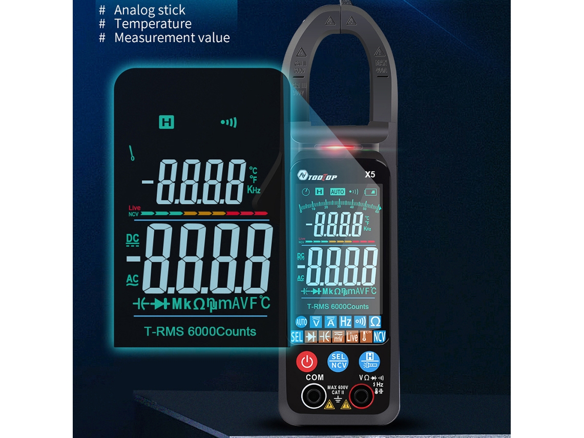 Pinza Amperimétrica Portátil Multifuncional Tooltop X5 Con Pantalla Lcd Y Linterna: Medición De Voltaje Ca/cc, Resistencia Y Temperatura (ncv).