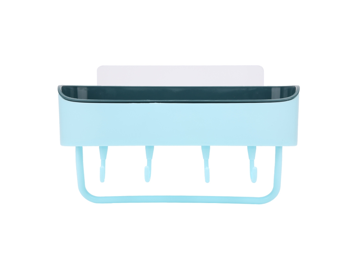 Estante De Baño Azul Claro Sin Agujeros Para Champú Y Artículos De Higiene, Con Ganchos Y Adhesivo.