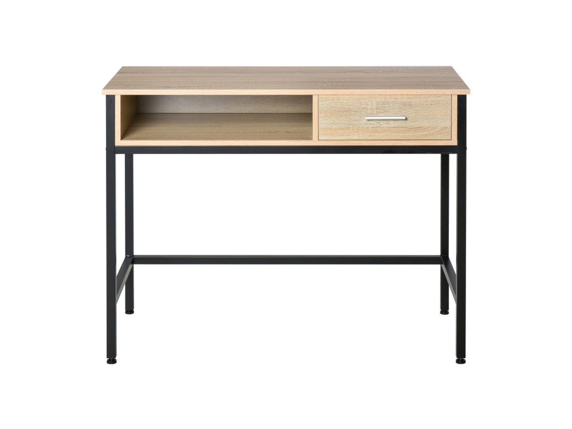 Escritorio de oficina de estilo industrial con cajón, estantes y tablero de madera de roble claro, marco negro - Bga Store