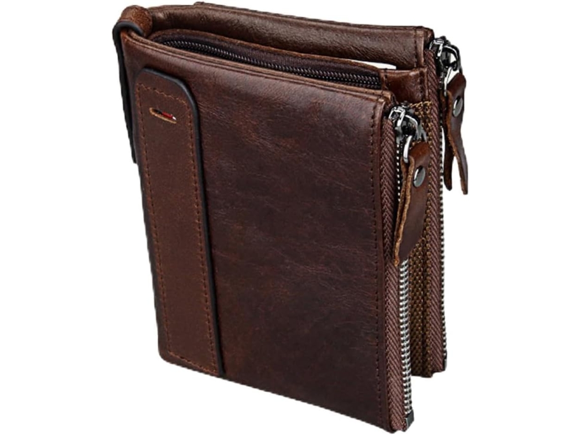 Carteira Masculina Ciieeo Em Couro Marrom Com Fecho De Zíper, Modelo Curto, Grande Capacidade E Bolsos.