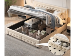 Cama Doble 160x200 Cm, Tapizada, Con Canapé, 2 Cajones, Tela Terciopelo - Beige