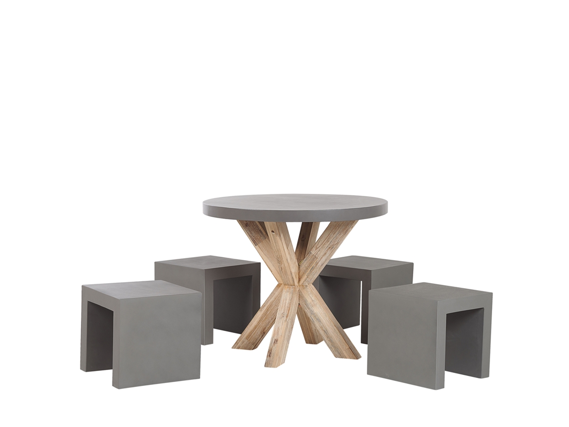 Conjunto de jardín de cemento reforzado mesa ⌀ 90 cm 4 taburetes gris/madera clara BELIANI Olbia/taranto