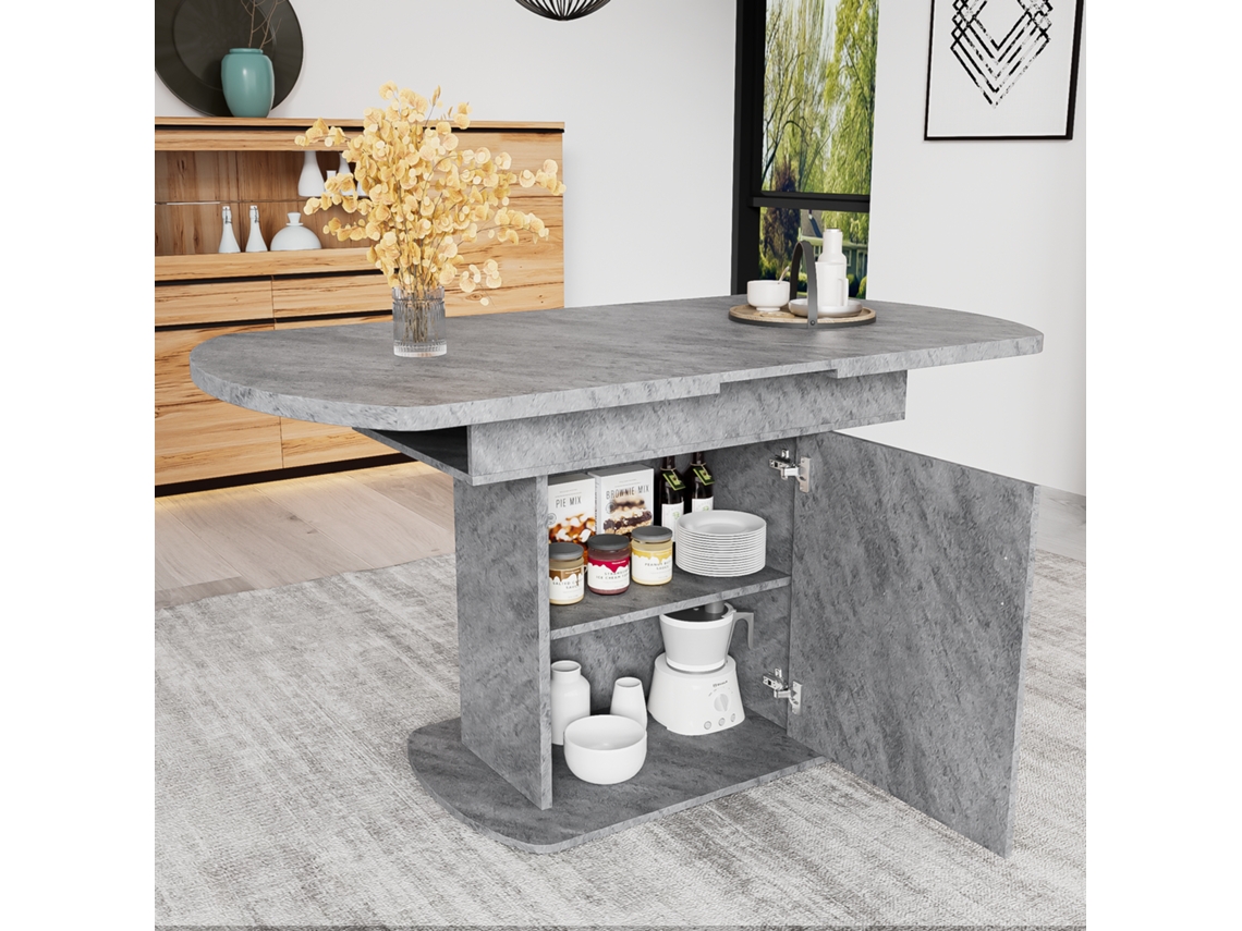 Mesa De Comedor Ovalada Retráctil - Con Espacio De Almacenamiento Y Mango Plateado - Gris