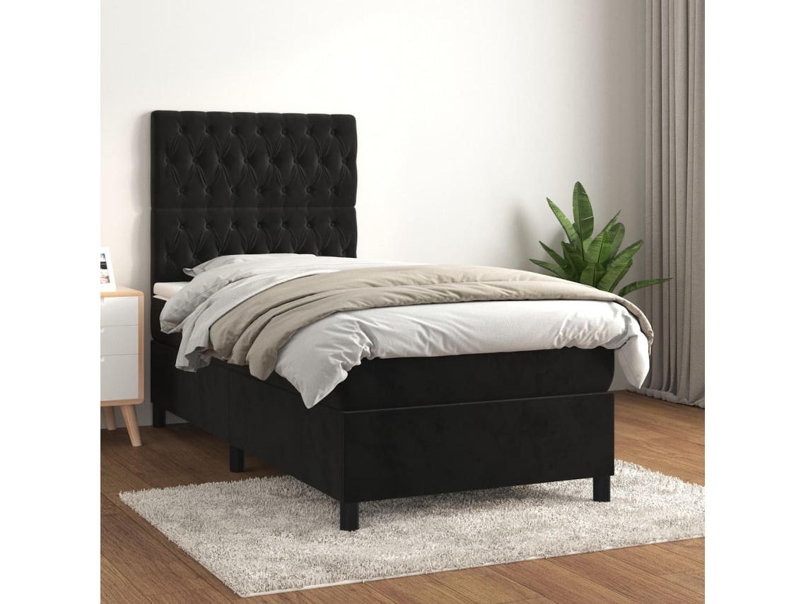 Cama Box Spring Con Colchón Terciopelo Negro 100x200 Cm