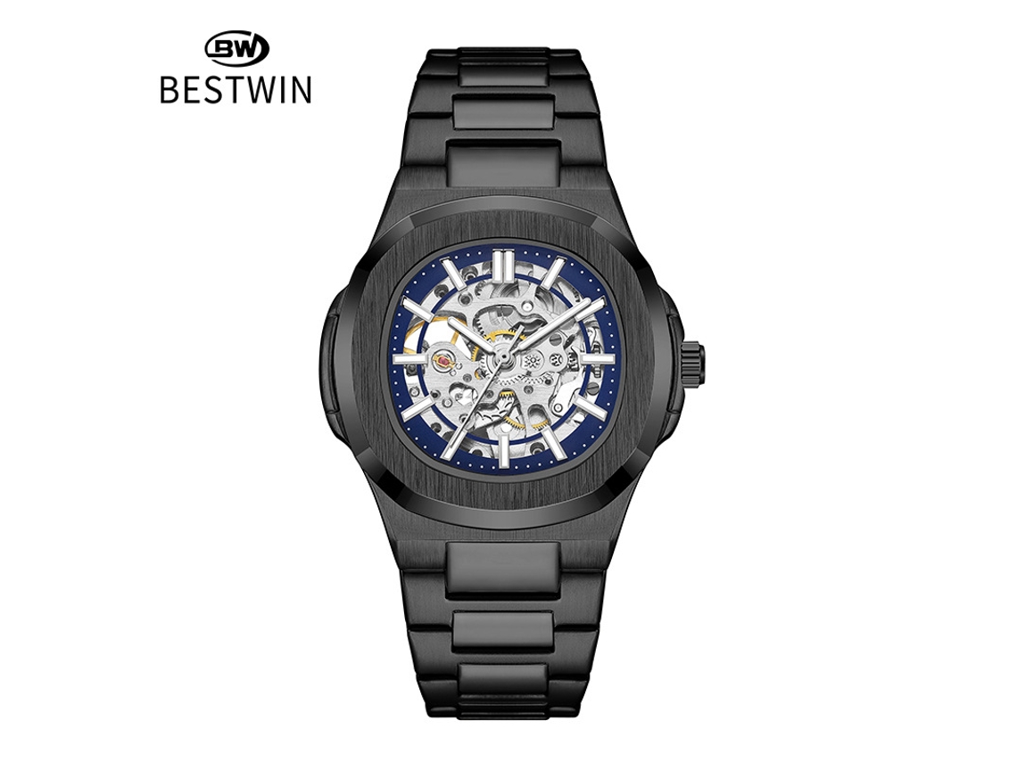 Reloj Mecánico Luminoso De Doble Cara Con Esqueleto Para Hombre (negro Y Azul)
