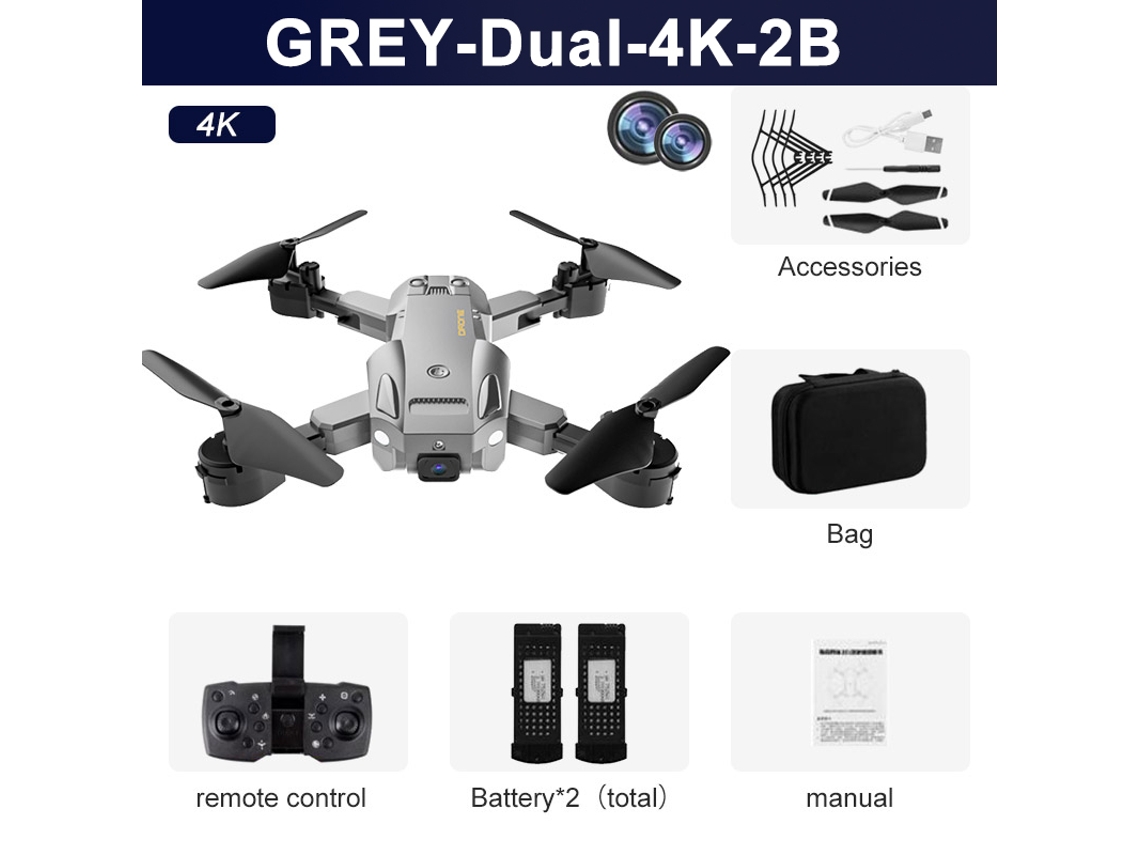 Dron Q6 con cámara dual 4K HD, cuadricóptero plegable (2 baterías - Duración de la batería: 15 min - Gris)