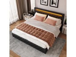 Cama Contenedor Tapizada De Piel Sintética Con Led - 180x200 Cm - Con Somier - Negro