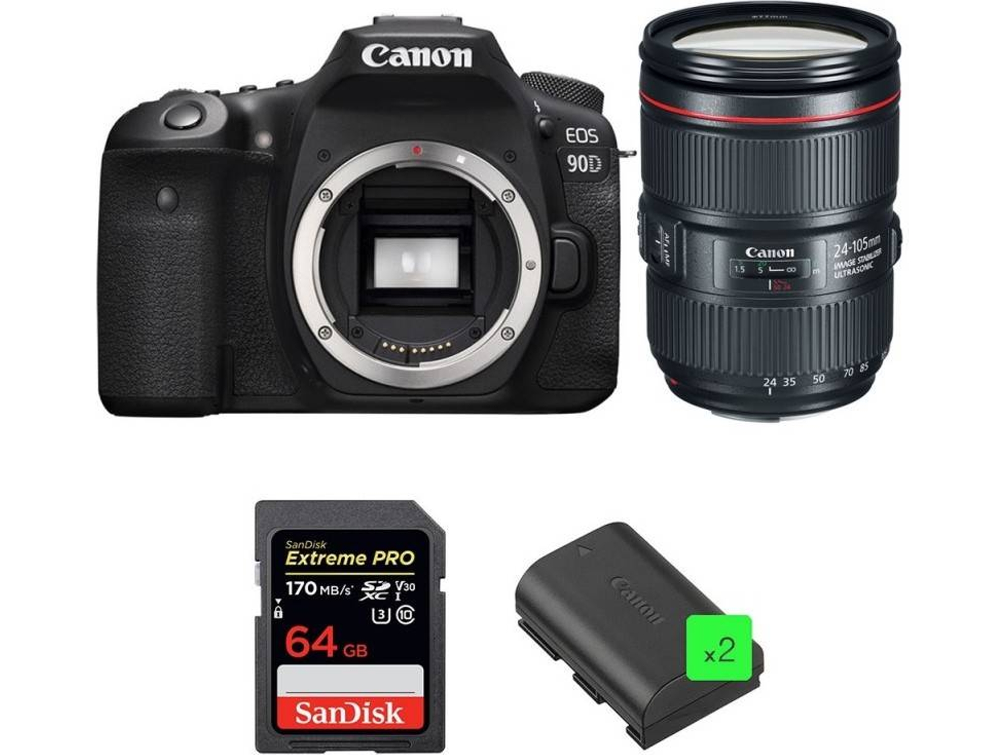 Kit Cámara Réflex CANON EOS 90D + EF 24-105mm f/4L IS II USM + SanDisk 64GB + 2 LP-E6N