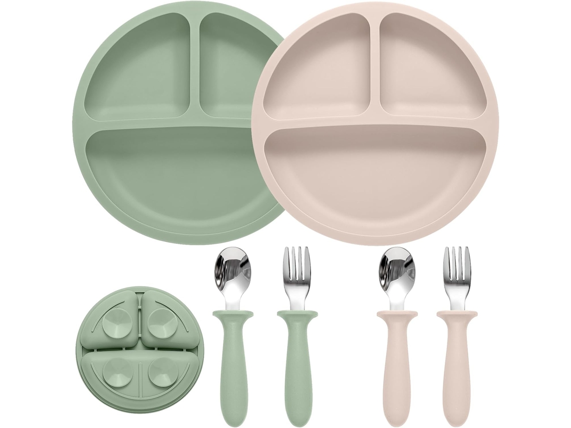 Juego De Alimentación Para Bebés, Que Incluye 2 Platos De Silicona Compartimentados Con Ventosas, 2 Juegos De Cucharas Y Tenedores - 2