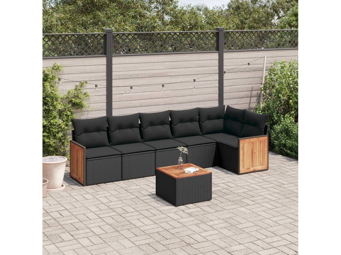 Conjunto de sofá de jardín de 7 piezas con cojines de mimbre negro de DKD Home Decor