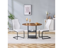 Conjunto de mesa y sillas de 107 cm: mesa redonda de MDF industrial de dos niveles + 2 sillas blancas con diseño de rombos - nogal/blanco/negro