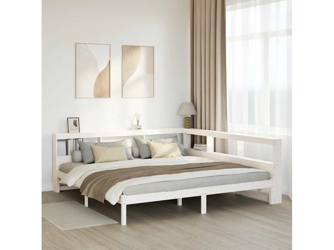 Cama De Matrimonio | Cama Para Adultos | Cama Con Estantería Sin Colchón Madera Maciza Blanca 180x200 Cm