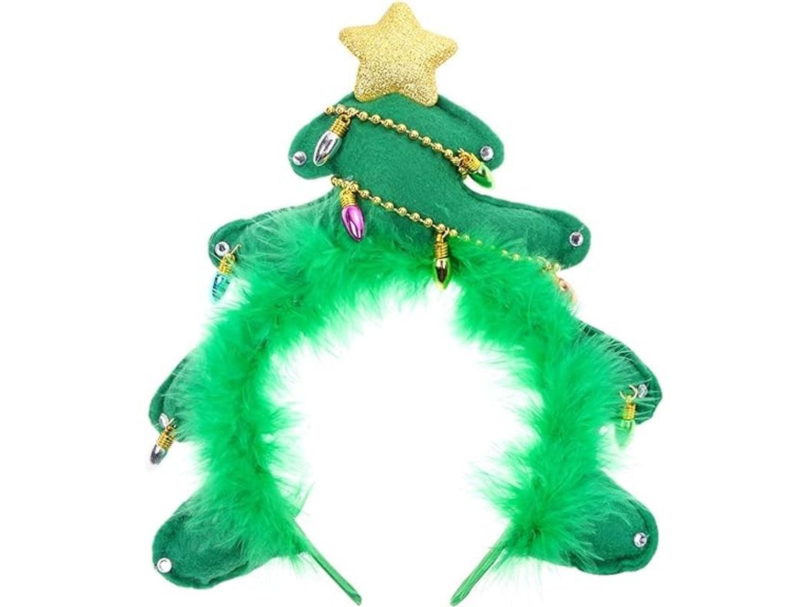Tiara de Menina com Estrela Dourada e Luzes de Árvore de Natal Verde