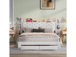 Cama Matrimonial 160x200 Cm Con Luz Led Y Carga Usb | Cama Tapizada Con Almacenaje (cajones + Estantes) | Terciopelo Blanco Moderna