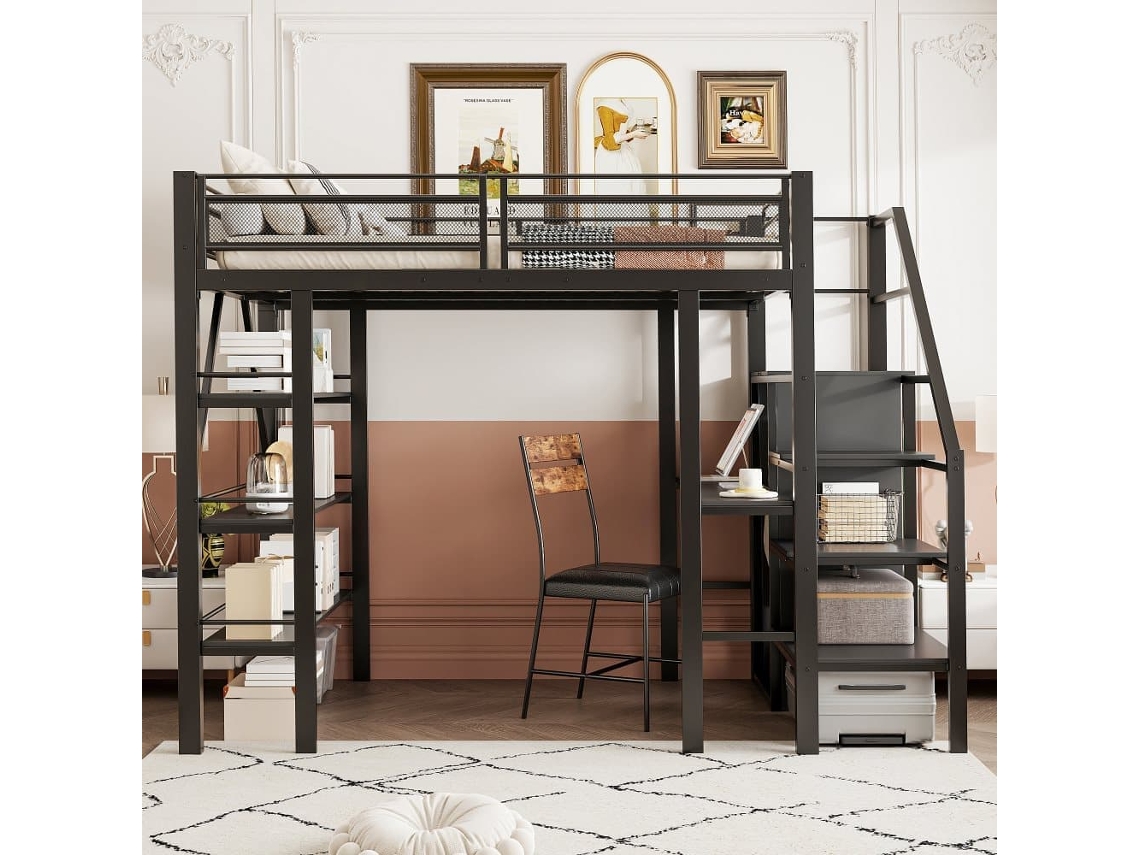 Cama Alta 140x200 Cm, Hierro, Estante 3 Niveles, Escritorio, Armario, Escalera Con Almacenaje, Cerca Alta, Negra