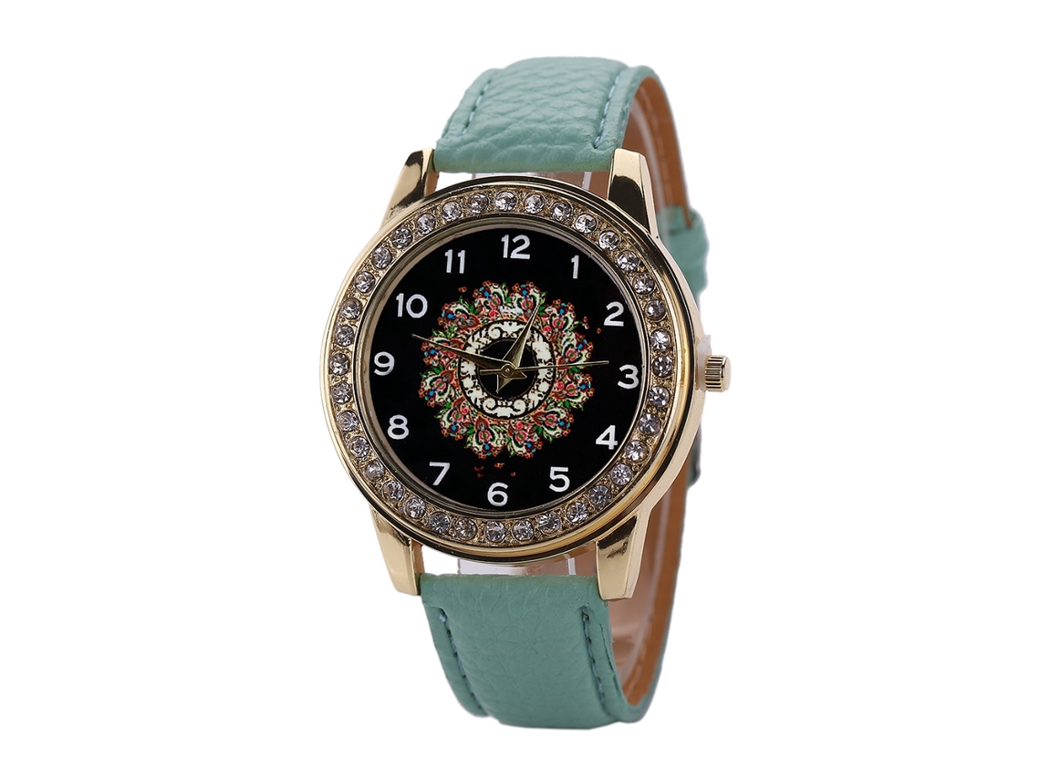 Reloj De Pulsera De Moda Para Mujer Con Correa De Piel Sintética Azul Cielo Con Pedrería.