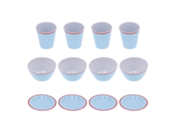 Juego de vajilla de 12 piezas con diseño de cuadrícula azul claro: taza, tazón y plato para el hogar, la cocina y el restaurante.