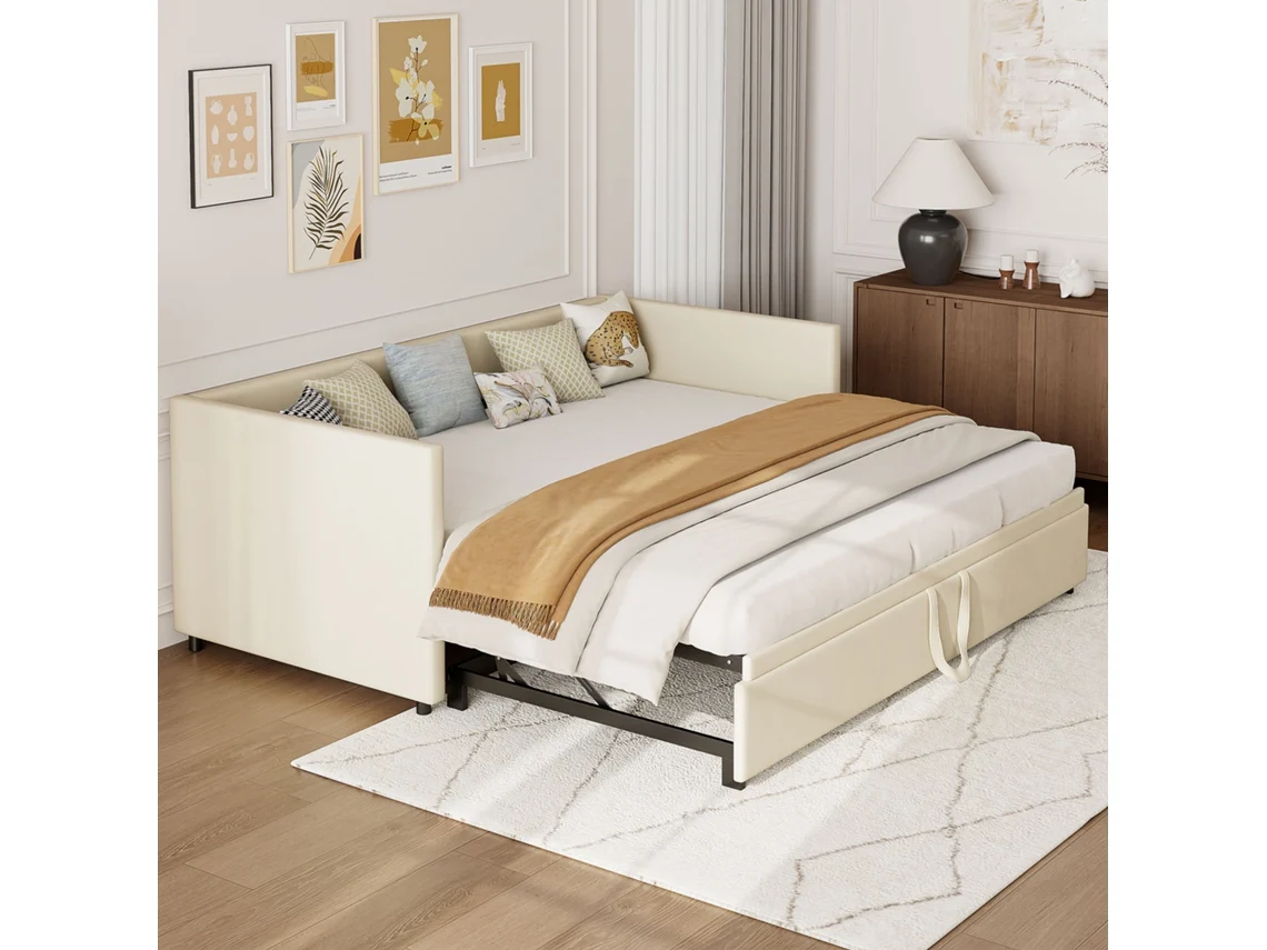 Sofá Cama Extensible 90/180x200 Cm Con Somier De Láminas, Tapizado, Tejido De Terciopelo, Color Beige