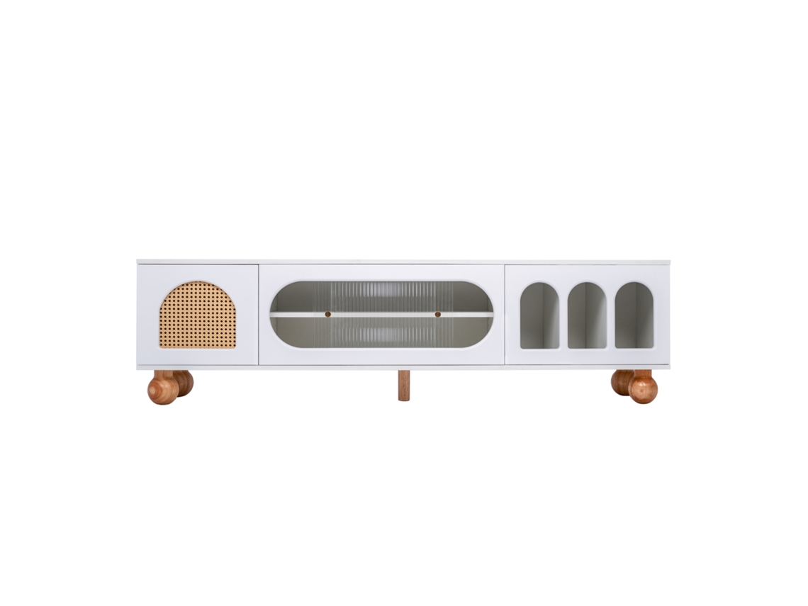 Mueble de TV de 170 cm con 2 puertas y 3 zonas abiertas en arco blanco Mobrio