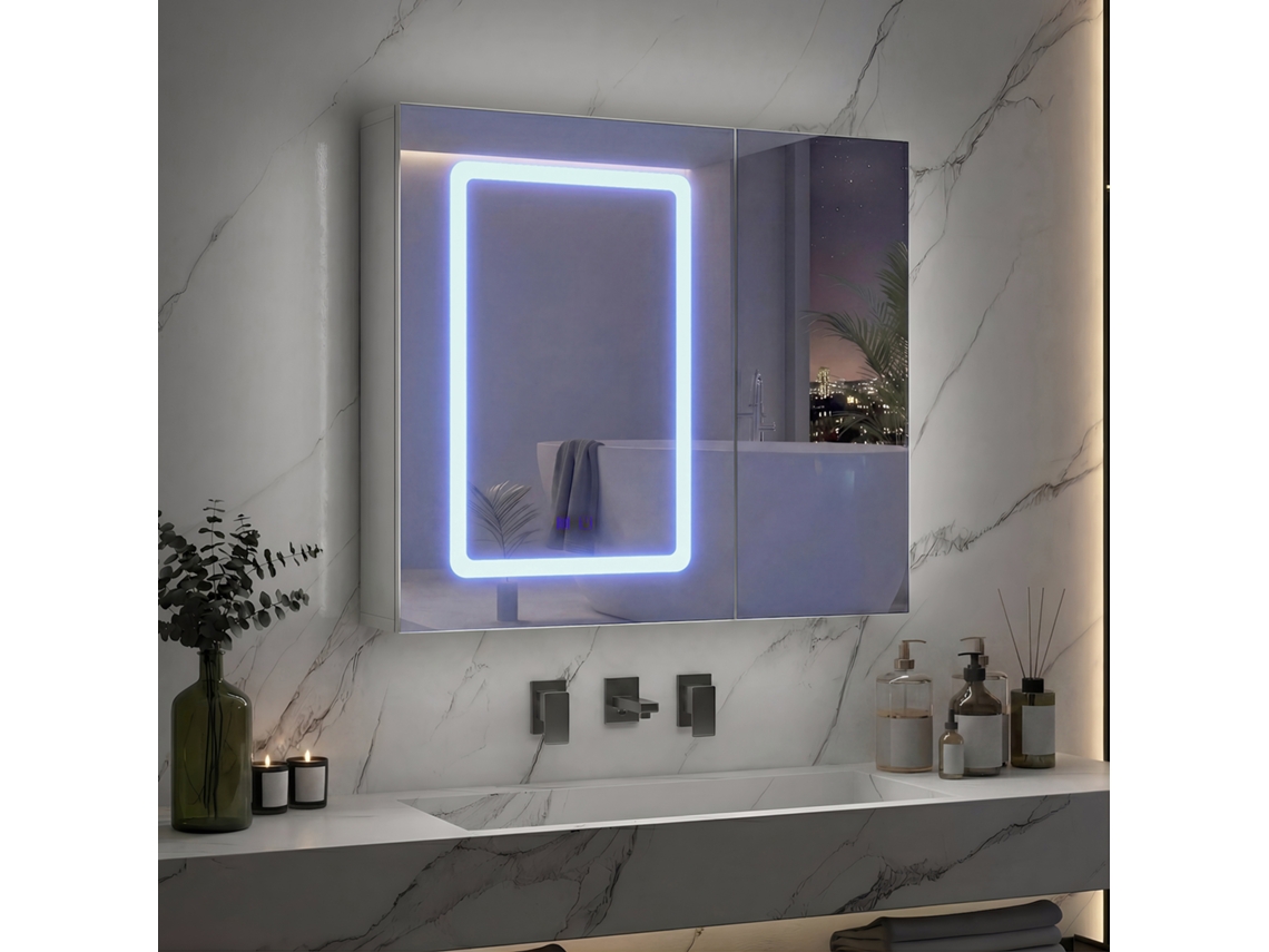 Armario Pared Espejo Baño Led 3 Tonos Antivaho, 2 Puertas 70x13,5x60 Cm, Enchufe Integrado, Estantes Ajustables, Blanco