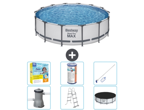 Piscina BESTWAY Round Steel Pro MAX - 427 x 107 cm - Gris - Bomba incluida - Escalera - Cobertor Paquete de mantenimiento - Filtrar - kit de limpieza
