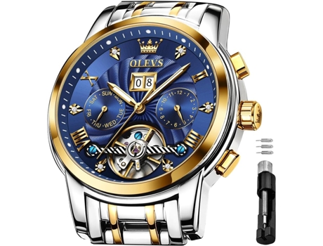 VEANXIN Reloj Tourbillon luminoso de acero inoxidable con fase lunar, mecánico, automático, hueco, resistente al agua, para hombre(azul)