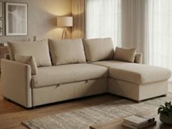 Sofá Cama 3 Plazas BUDWING Orlando Beige + Chaise c/ Almacenamiento Integrado (221 x 162 x 85 cm - Reversible Lado Derecho/Izquierdo)