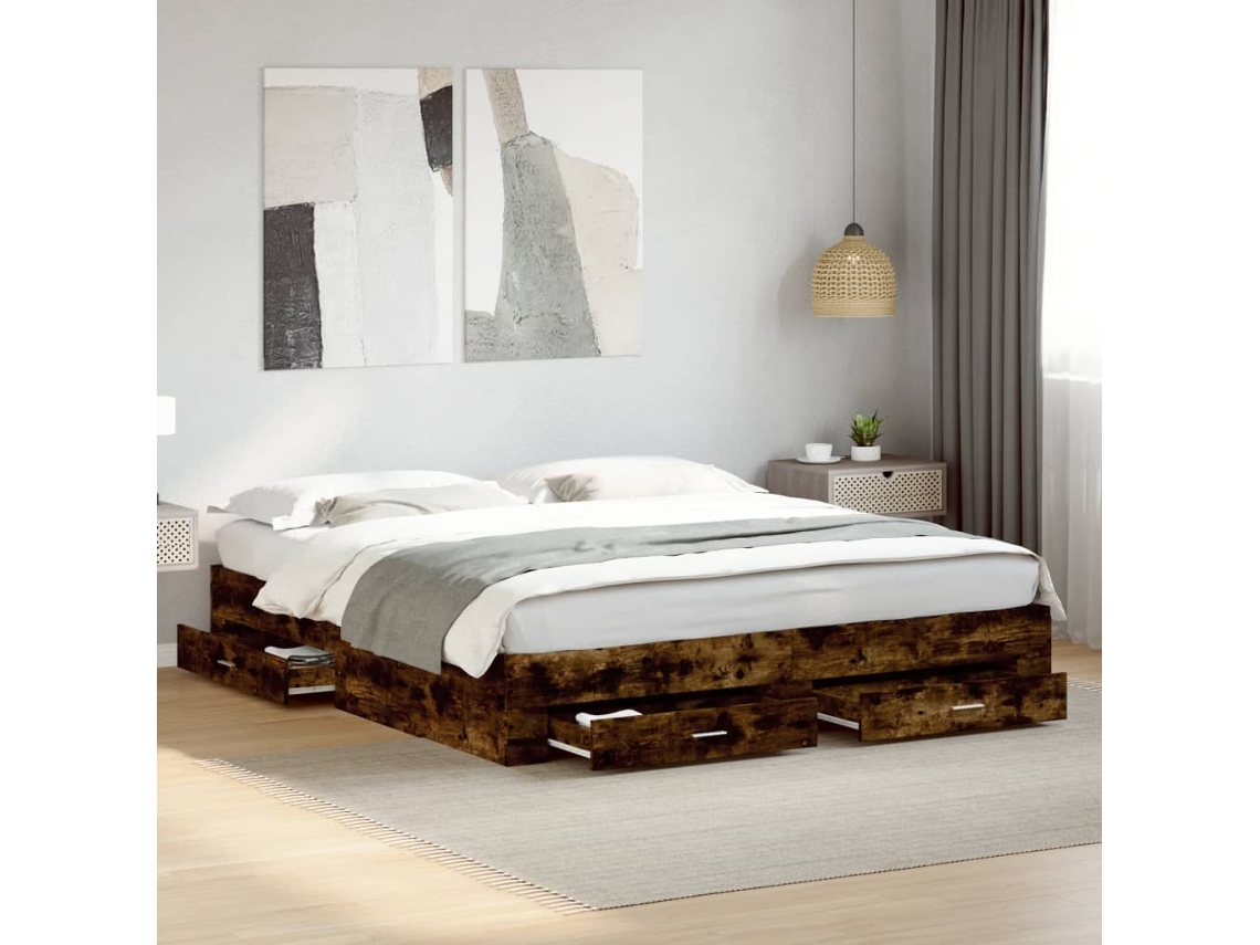 Cama Con Cajones Madera De Ingeniería Roble Ahumado 180x200 Cm