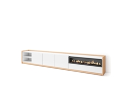 Mueble para TV, 310x37x50cm, para televisores de hasta 80'', chimenea eléctrica, blanco y roble claro.