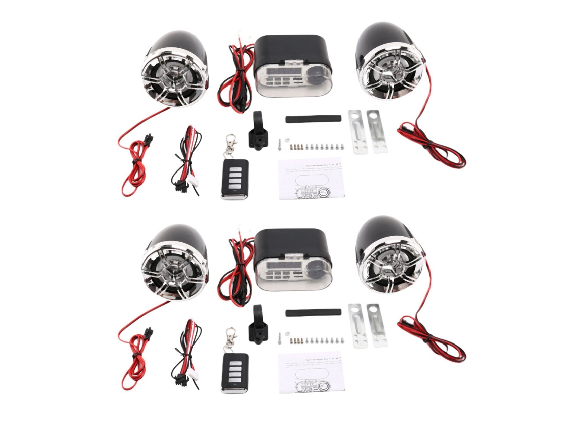 2 sistemas de audio y sonido para motocicleta: altavoces estéreo impermeables con radio FM, USB, tarjeta TF y reproductor de MP3.