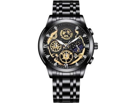 VEANXIN Hombres Relojes Huecos Diamante Luna Estrellas Reloj de Pulsera Impermeable-Negro